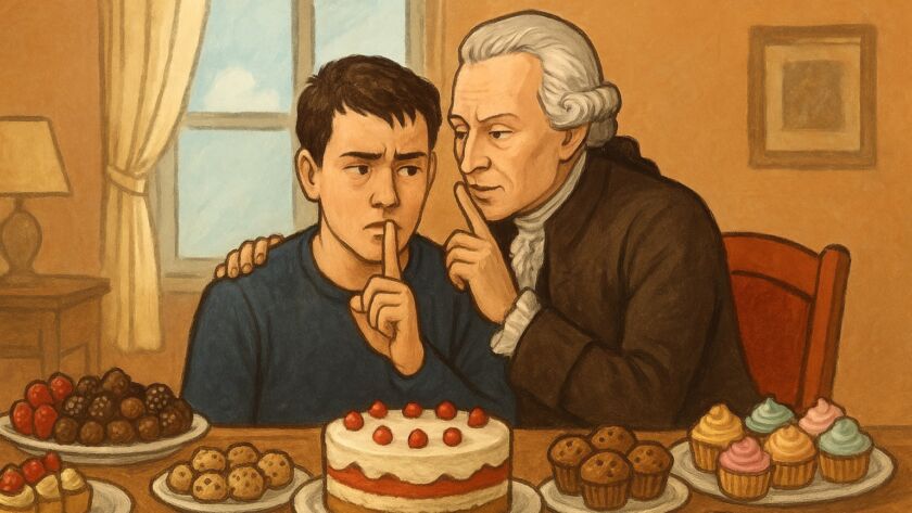 Ilustração em estilo clássico mostrando um jovem sentado diante de uma mesa repleta de doces — bolos, brigadeiros, cupcakes e outras sobremesas. Ao seu lado, uma figura semelhante ao filósofo Immanuel Kant se inclina para sussurrar algo em seu ouvido, como se o aconselhasse. O jovem parece dividido entre o desejo e a disciplina, enquanto o filósofo aponta discretamente para seus próprios lábios, sugerindo silêncio ou reflexão. A cena ocorre em um ambiente doméstico aconchegante, com luz suave entrando pela janela ao fundo.