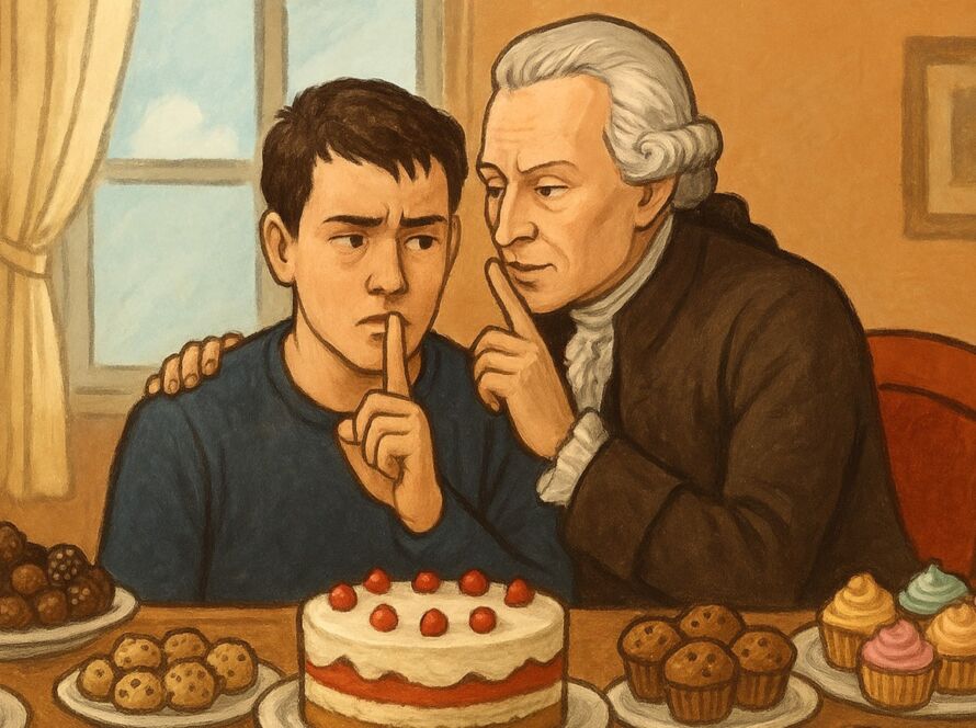 Ilustração em estilo clássico mostrando um jovem sentado diante de uma mesa repleta de doces — bolos, brigadeiros, cupcakes e outras sobremesas. Ao seu lado, uma figura semelhante ao filósofo Immanuel Kant se inclina para sussurrar algo em seu ouvido, como se o aconselhasse. O jovem parece dividido entre o desejo e a disciplina, enquanto o filósofo aponta discretamente para seus próprios lábios, sugerindo silêncio ou reflexão. A cena ocorre em um ambiente doméstico aconchegante, com luz suave entrando pela janela ao fundo.