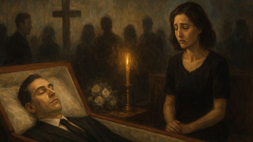 Pintura em estilo realista e sombrio mostrando um velório. Em primeiro plano, um homem jovem veste terno escuro e repousa dentro de um caixão aberto. Ao lado, sua esposa senta-se com expressão profundamente triste, as mãos unidas no colo. Ao fundo, vultos de pessoas em tom desfocado formam uma plateia silenciosa, enquanto uma única vela acesa ilumina suavemente a cena. O ambiente é melancólico, com cores escuras e atmosfera pesada de luto.