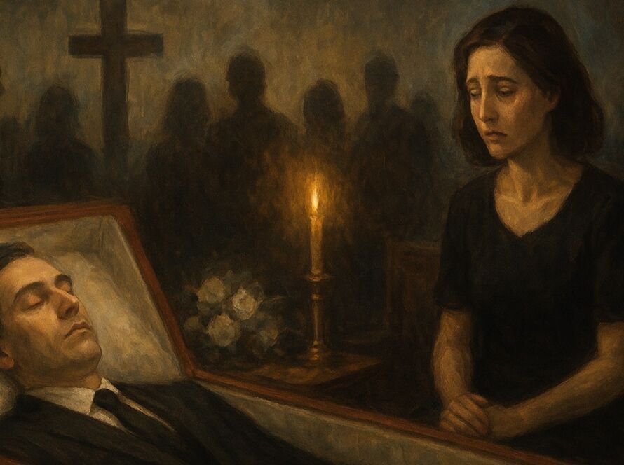 Pintura em estilo realista e sombrio mostrando um velório. Em primeiro plano, um homem jovem veste terno escuro e repousa dentro de um caixão aberto. Ao lado, sua esposa senta-se com expressão profundamente triste, as mãos unidas no colo. Ao fundo, vultos de pessoas em tom desfocado formam uma plateia silenciosa, enquanto uma única vela acesa ilumina suavemente a cena. O ambiente é melancólico, com cores escuras e atmosfera pesada de luto.