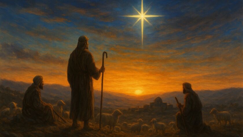 Pastores em Belém na data do nascimento de Jesus, sob a estrela do Natal