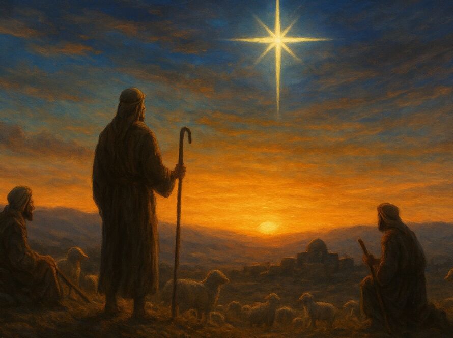 Pastores em Belém na data do nascimento de Jesus, sob a estrela do Natal