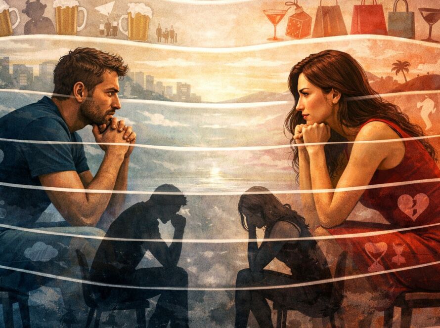 Ilustração conceitual de duas pessoas frente a frente, separadas por camadas transparentes que simbolizam a superficialidade e a introspecção emocional.