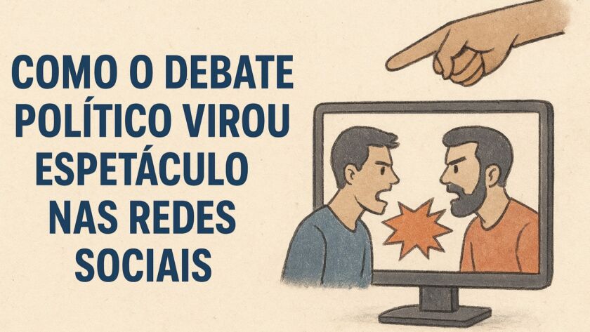 Ilustração em estilo desenhado mostrando dois homens discutindo dentro de uma tela de computador, com um símbolo de explosão entre eles. À esquerda, aparece o texto “Como o debate político virou espetáculo nas redes sociais”. Acima da tela, uma mão apontando para baixo reforça o clima de tensão e julgamento. A paleta é composta por tons suaves de bege, azul e laranja.