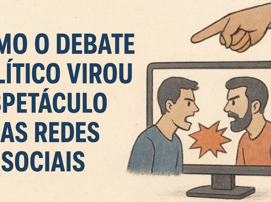 Ilustração em estilo desenhado mostrando dois homens discutindo dentro de uma tela de computador, com um símbolo de explosão entre eles. À esquerda, aparece o texto “Como o debate político virou espetáculo nas redes sociais”. Acima da tela, uma mão apontando para baixo reforça o clima de tensão e julgamento. A paleta é composta por tons suaves de bege, azul e laranja.
