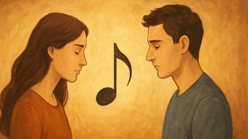 Ilustração em tons quentes e terrosos mostrando um homem e uma mulher de olhos fechados, posicionados em lados opostos da imagem, voltados um para o outro. Entre eles, ao centro, há uma grande nota musical desenhada em preto. A cena sugere introspecção, harmonia e o esforço silencioso de afinação emocional em um relacionamento.