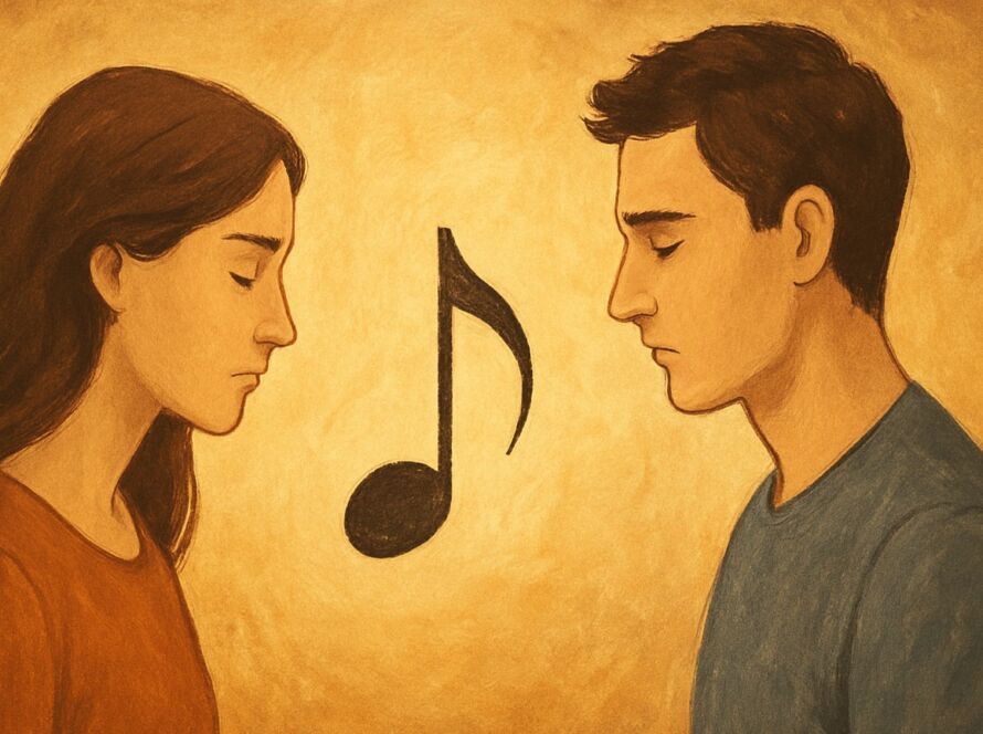 Ilustração em tons quentes e terrosos mostrando um homem e uma mulher de olhos fechados, posicionados em lados opostos da imagem, voltados um para o outro. Entre eles, ao centro, há uma grande nota musical desenhada em preto. A cena sugere introspecção, harmonia e o esforço silencioso de afinação emocional em um relacionamento.
