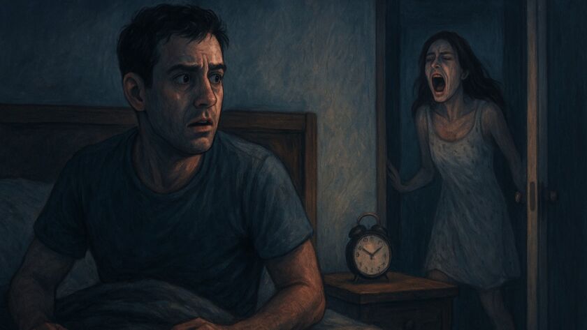 Ilustração em estilo pintura digital mostrando um homem sentado na cama, assustado, suado e olhando para o lado com expressão de pânico. O quarto é escuro, iluminado apenas por luz suave azulada. Ao fundo, no batente de uma porta entreaberta, aparece uma mulher jovem usando uma camisola clara, gritando com o rosto contorcido de desespero. Um relógio analógico sobre a mesa de cabeceira marca pouco depois das cinco. A cena transmite tensão psicológica, medo e atmosfera onírica.