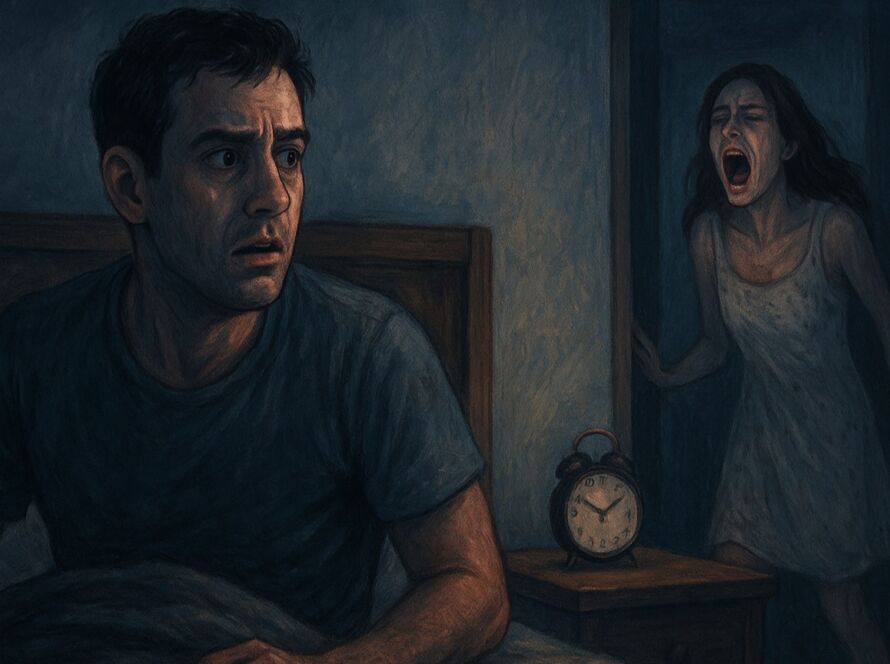 Ilustração em estilo pintura digital mostrando um homem sentado na cama, assustado, suado e olhando para o lado com expressão de pânico. O quarto é escuro, iluminado apenas por luz suave azulada. Ao fundo, no batente de uma porta entreaberta, aparece uma mulher jovem usando uma camisola clara, gritando com o rosto contorcido de desespero. Um relógio analógico sobre a mesa de cabeceira marca pouco depois das cinco. A cena transmite tensão psicológica, medo e atmosfera onírica.