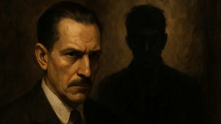 Retrato em estilo pintura digital, em tons quentes e sombrios, mostrando um homem de meia-idade em primeiro plano, de expressão séria e olhar rígido, iluminado por uma luz dourada lateral. Atrás dele, parcialmente oculto na penumbra, aparece a silhueta indistinta de outra figura masculina, sugerindo uma presença ameaçadora ou a metáfora de uma sombra interior. O fundo é escuro e texturizado, reforçando o clima introspectivo e melancólico da cena.
