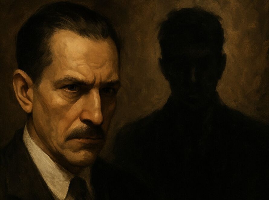 Retrato em estilo pintura digital, em tons quentes e sombrios, mostrando um homem de meia-idade em primeiro plano, de expressão séria e olhar rígido, iluminado por uma luz dourada lateral. Atrás dele, parcialmente oculto na penumbra, aparece a silhueta indistinta de outra figura masculina, sugerindo uma presença ameaçadora ou a metáfora de uma sombra interior. O fundo é escuro e texturizado, reforçando o clima introspectivo e melancólico da cena.