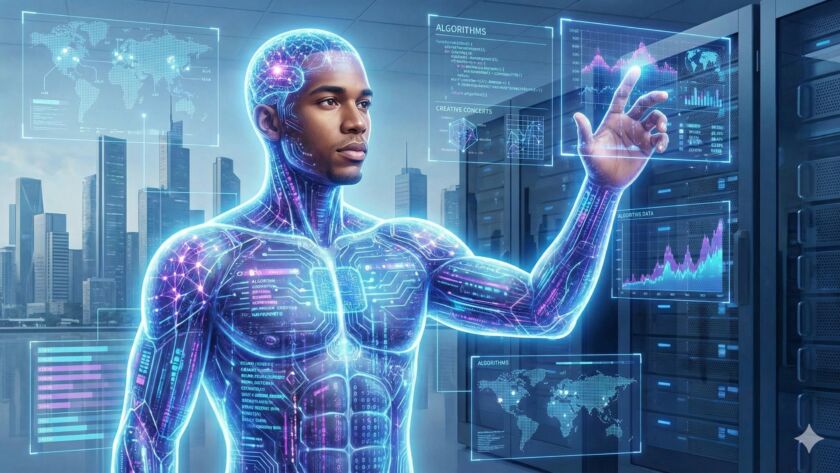 A imagem é uma ilustração digital futurista que retrata um homem cujo corpo é uma fusão translúcida de circuitos luminosos, redes neurais e códigos de dados em tons de azul e roxo. Sua cabeça e tronco mostram padrões complexos de luz. Ele está em um data center, cercado por racks de servidores escuros, e interage com várias telas holográficas projetadas no ar. Com o dedo indicador direito, ele toca um gráfico de linhas ascendente em uma das projeções. Outras telas mostram mapas-múndi, diagramas de rede, tabelas com "ALGORITHMS" e "CREATIVE CONCEPTS", e gráficos de dados globais. Ao fundo, uma grande janela revela uma metrópole moderna com arranha-céus sob um céu claro. A luz emanada do corpo e das telas domina a cena.