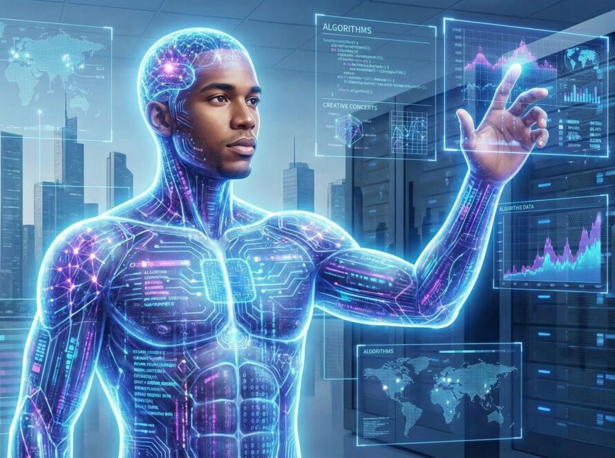 A imagem é uma ilustração digital futurista que retrata um homem cujo corpo é uma fusão translúcida de circuitos luminosos, redes neurais e códigos de dados em tons de azul e roxo. Sua cabeça e tronco mostram padrões complexos de luz. Ele está em um data center, cercado por racks de servidores escuros, e interage com várias telas holográficas projetadas no ar. Com o dedo indicador direito, ele toca um gráfico de linhas ascendente em uma das projeções. Outras telas mostram mapas-múndi, diagramas de rede, tabelas com "ALGORITHMS" e "CREATIVE CONCEPTS", e gráficos de dados globais. Ao fundo, uma grande janela revela uma metrópole moderna com arranha-céus sob um céu claro. A luz emanada do corpo e das telas domina a cena.