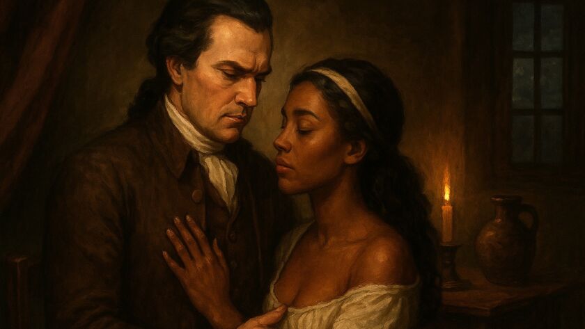 Cena intimista em estilo de pintura a óleo, ambientada no período colonial. Um homem branco, de expressão séria e roupas do século XVIII, segura pelos braços uma mulher negra jovem, de olhar fechado e semblante sereno. A iluminação quente de uma vela destaca seus rostos e cria um forte contraste de luz e sombra no quarto simples, sugerindo tensão emocional e relação desigual de poder.