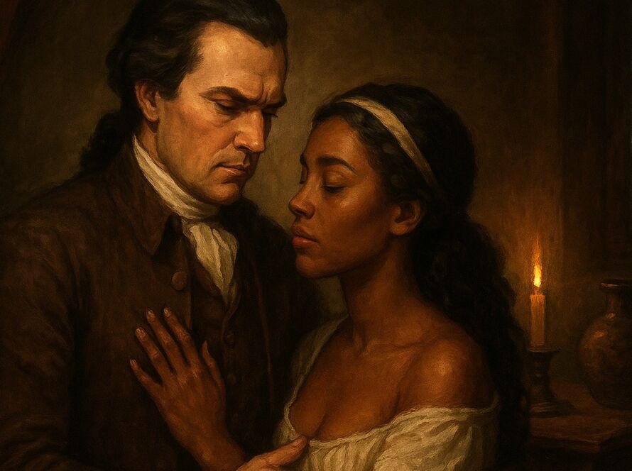 Cena intimista em estilo de pintura a óleo, ambientada no período colonial. Um homem branco, de expressão séria e roupas do século XVIII, segura pelos braços uma mulher negra jovem, de olhar fechado e semblante sereno. A iluminação quente de uma vela destaca seus rostos e cria um forte contraste de luz e sombra no quarto simples, sugerindo tensão emocional e relação desigual de poder.