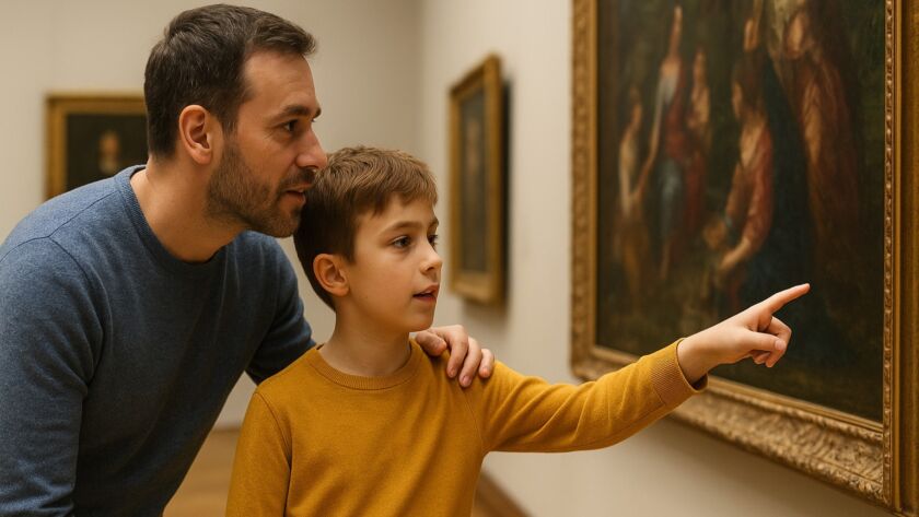 Pai e filho observando obras em um museu, simbolizando como viagens e experiências culturais ampliam o repertório infantil e fortalecem a relação familiar.