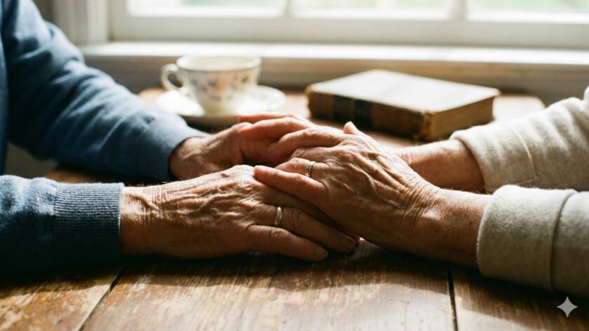 A imagem mostra um close-up de duas mãos de pessoas idosas entrelaçadas sobre uma mesa de madeira rústica. A pele das mãos é enrugada e envelhecida, e ambas usam alianças de ouro. A mesa tem uma superfície gasta com riscos e manchas. Ao fundo, desfocado, há uma janela branca, uma xícara de chá com estampa floral e um livro antigo de capa de couro. A luz natural entra pela janela, criando uma atmosfera quente e íntima.