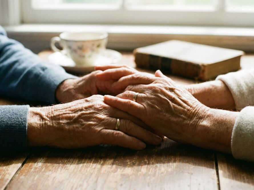 A imagem mostra um close-up de duas mãos de pessoas idosas entrelaçadas sobre uma mesa de madeira rústica. A pele das mãos é enrugada e envelhecida, e ambas usam alianças de ouro. A mesa tem uma superfície gasta com riscos e manchas. Ao fundo, desfocado, há uma janela branca, uma xícara de chá com estampa floral e um livro antigo de capa de couro. A luz natural entra pela janela, criando uma atmosfera quente e íntima.