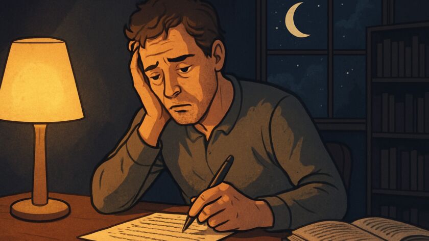 Ilustração em estilo semirrealista mostrando um escritor cansado sentado à mesa durante a madrugada. Ele apoia a cabeça na mão enquanto escreve em uma folha de papel iluminada por uma luminária amarela. Ao fundo, uma janela revela um céu noturno com lua crescente e estrelas, sugerindo insônia e esforço criativo.