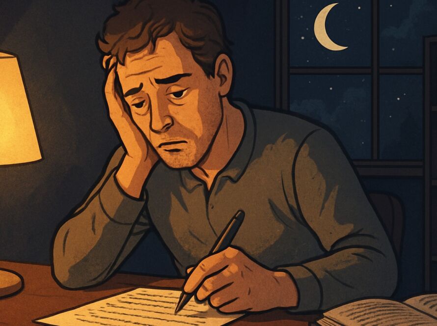 Ilustração em estilo semirrealista mostrando um escritor cansado sentado à mesa durante a madrugada. Ele apoia a cabeça na mão enquanto escreve em uma folha de papel iluminada por uma luminária amarela. Ao fundo, uma janela revela um céu noturno com lua crescente e estrelas, sugerindo insônia e esforço criativo.