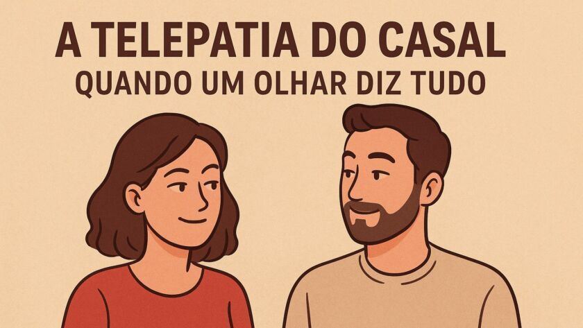 Ilustração em estilo minimalista mostrando um casal sorrindo um para o outro, transmitindo cumplicidade pelo olhar. Ao fundo, sobre um tom bege, aparece o título “A Telepatia do Casal: Quando um Olhar Diz Tudo”. A mulher usa camiseta vermelha e tem cabelos curtos; o homem tem barba curta e veste camiseta clara. A cena sugere intimidade e conexão silenciosa entre os dois.
