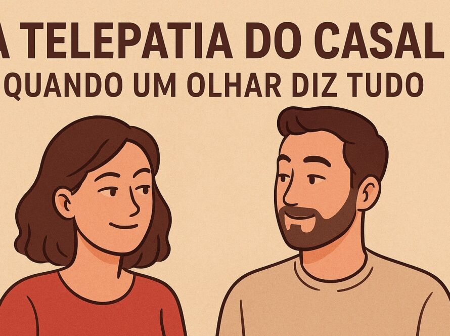 Ilustração em estilo minimalista mostrando um casal sorrindo um para o outro, transmitindo cumplicidade pelo olhar. Ao fundo, sobre um tom bege, aparece o título “A Telepatia do Casal: Quando um Olhar Diz Tudo”. A mulher usa camiseta vermelha e tem cabelos curtos; o homem tem barba curta e veste camiseta clara. A cena sugere intimidade e conexão silenciosa entre os dois.