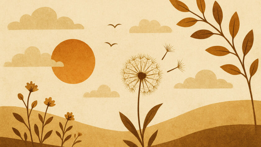 Ilustração poética em tons terrosos mostrando um campo suave ao entardecer, com flores silvestres, um dente-de-leão soltando sementes ao vento, colinas arredondadas e um sol alaranjado atrás de nuvens delicadas, evocando simplicidade, calma e beleza nas pequenas coisas.