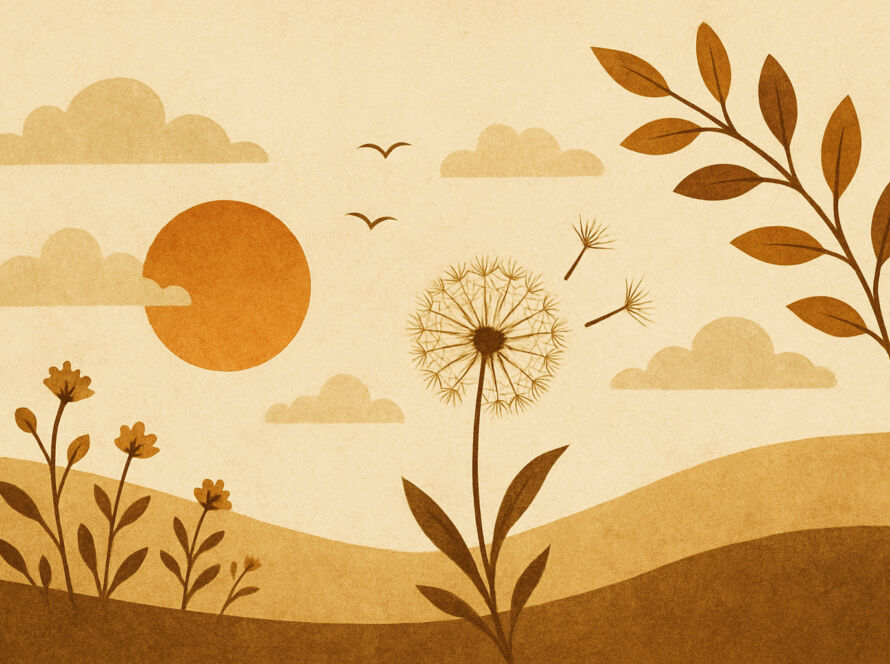 Ilustração poética em tons terrosos mostrando um campo suave ao entardecer, com flores silvestres, um dente-de-leão soltando sementes ao vento, colinas arredondadas e um sol alaranjado atrás de nuvens delicadas, evocando simplicidade, calma e beleza nas pequenas coisas.