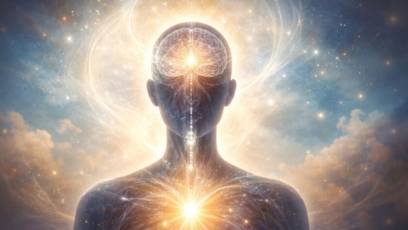 Ilustração conceitual do cérebro humano integrado ao corpo, simbolizando a relação entre consciência, matéria e alma.