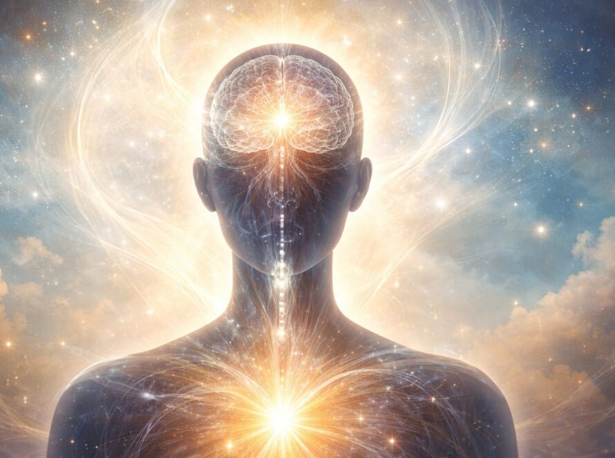 Ilustração conceitual do cérebro humano integrado ao corpo, simbolizando a relação entre consciência, matéria e alma.