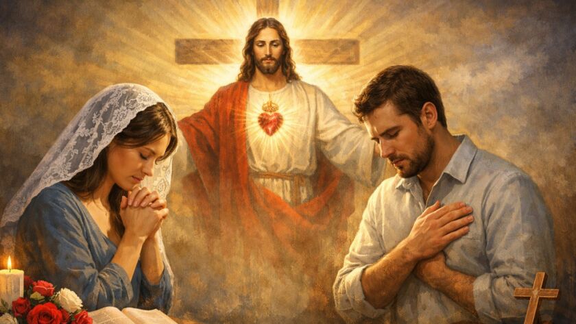 Ilustração em estilo pintura devocional mostrando um casal cristão ajoelhado em oração, um de cada lado da imagem, com uma Bíblia aberta, alianças e uma cruz sobre uma mesa. Ao centro e ao fundo, Cristo com o Sagrado Coração irradia luz, simbolizando o amor sacrificial e a união do matrimônio cristão.