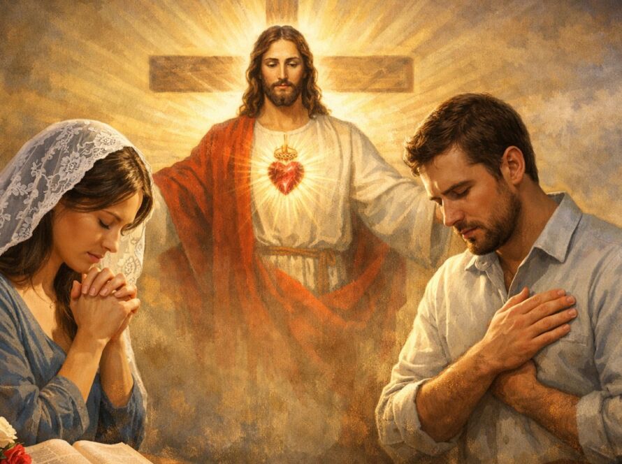 Ilustração em estilo pintura devocional mostrando um casal cristão ajoelhado em oração, um de cada lado da imagem, com uma Bíblia aberta, alianças e uma cruz sobre uma mesa. Ao centro e ao fundo, Cristo com o Sagrado Coração irradia luz, simbolizando o amor sacrificial e a união do matrimônio cristão.
