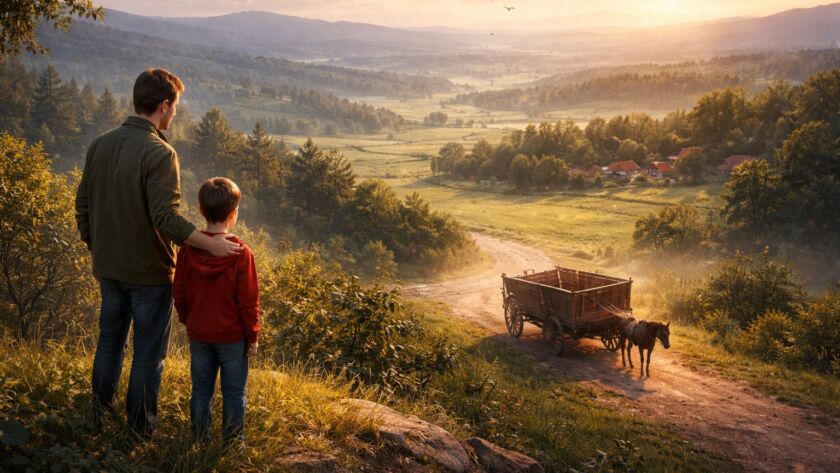 Pai e filho observam uma carroça vazia descendo a estrada a partir do alto de uma colina, em cena simbólica sobre silêncio, escuta e reflexão.