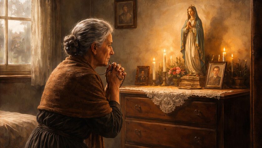 Mulher idosa ajoelhada em oração diante de imagem religiosa, em uma casa simples dos anos 1930, representando a espera durante a Revolução de 1932.