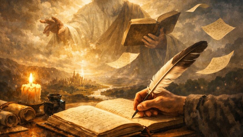 Ilustração em tons dourados mostra uma mão humana escrevendo com pena sobre um livro antigo, enquanto acima surge uma figura divina luminosa segurando um livro aberto, como um autor invisível da criação. Páginas voam pelo ar, uma vela ilumina a cena e, ao fundo, uma cidade e uma paisagem surgem sob um céu dramático, simbolizando a relação entre criação literária, livre-arbítrio e autoria.