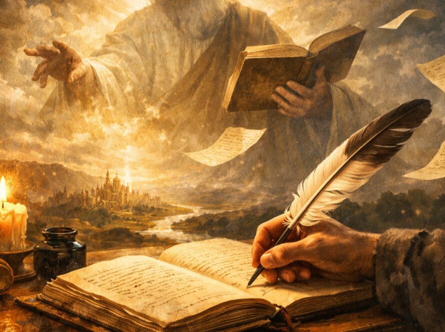 Ilustração em tons dourados mostra uma mão humana escrevendo com pena sobre um livro antigo, enquanto acima surge uma figura divina luminosa segurando um livro aberto, como um autor invisível da criação. Páginas voam pelo ar, uma vela ilumina a cena e, ao fundo, uma cidade e uma paisagem surgem sob um céu dramático, simbolizando a relação entre criação literária, livre-arbítrio e autoria.