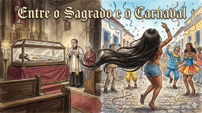 A ilustração, em estilo de aquarela e nanquim, divide-se em duas cenas contrastantes, separadas por uma linha vertical imaginária que corta o centro da imagem. No topo, o título "Entre o Sagrado e o Carnaval" une os dois lados com uma tipografia clássica. Lado Esquerdo (O Sagrado): O interior da Igreja Matriz de São Sebastião em Barra Mansa, com arquitetura colonial, está imerso em tons de sépia e cores sóbrias. O ambiente é escuro, iluminado por velas e a luz suave que entra por janelas altas. O esquife de vidro do Senhor Morto, com a imagem de Cristo deitada, está no centro. A imagem está sem a peruca, o que causa espanto e desespero no padre e na senhora idosa (a mãe do rapaz) que observam a cena com expressões de choque e mãos postas. O ambiente é solene e silencioso, evocando a religiosidade tradicional. Lado Direito (O Carnaval): Uma rua de paralelepípedos em uma cidade do interior, durante o Carnaval, explode em cores vibrantes (azuis, amarelos, vermelhos). Confete e serpentina voam pelo ar, e foliões fantasiados (palhaços, odaliscas) dançam e se divertem. No centro da cena, uma mulher negra, de costas, com a longa peruca de cabelos naturais que foi roubada da imagem do Senhor Morto, dança alegremente, com seus cabelos esvoaçantes conectando visualmente os dois mundos. A atmosfera é de alegria, liberdade e festa.