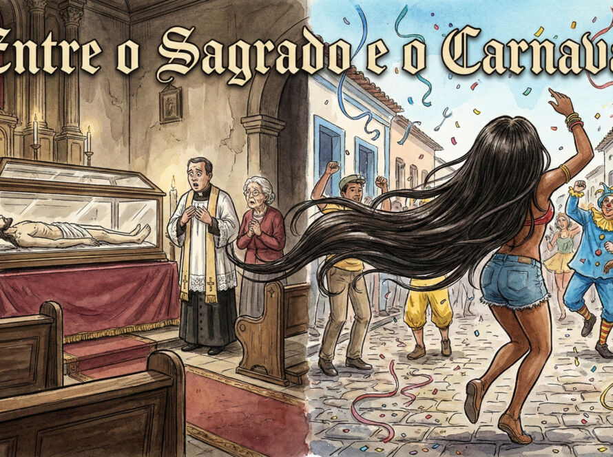 A ilustração, em estilo de aquarela e nanquim, divide-se em duas cenas contrastantes, separadas por uma linha vertical imaginária que corta o centro da imagem. No topo, o título "Entre o Sagrado e o Carnaval" une os dois lados com uma tipografia clássica. Lado Esquerdo (O Sagrado): O interior da Igreja Matriz de São Sebastião em Barra Mansa, com arquitetura colonial, está imerso em tons de sépia e cores sóbrias. O ambiente é escuro, iluminado por velas e a luz suave que entra por janelas altas. O esquife de vidro do Senhor Morto, com a imagem de Cristo deitada, está no centro. A imagem está sem a peruca, o que causa espanto e desespero no padre e na senhora idosa (a mãe do rapaz) que observam a cena com expressões de choque e mãos postas. O ambiente é solene e silencioso, evocando a religiosidade tradicional. Lado Direito (O Carnaval): Uma rua de paralelepípedos em uma cidade do interior, durante o Carnaval, explode em cores vibrantes (azuis, amarelos, vermelhos). Confete e serpentina voam pelo ar, e foliões fantasiados (palhaços, odaliscas) dançam e se divertem. No centro da cena, uma mulher negra, de costas, com a longa peruca de cabelos naturais que foi roubada da imagem do Senhor Morto, dança alegremente, com seus cabelos esvoaçantes conectando visualmente os dois mundos. A atmosfera é de alegria, liberdade e festa.