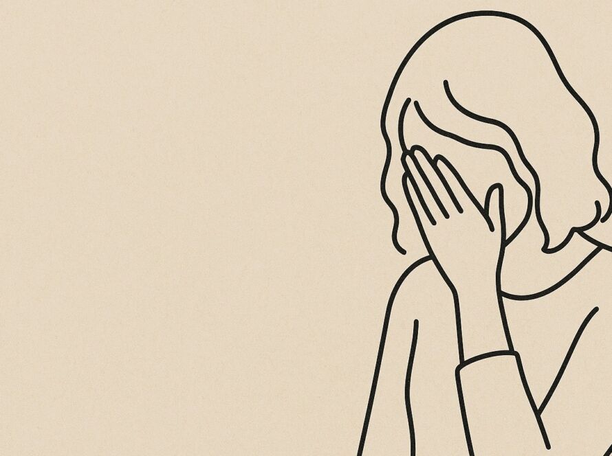 Ilustração minimalista em traços finos, mostrando uma pessoa sentada e inclinada à frente, com a cabeça apoiada sobre as mãos, em postura introspectiva. Linhas suaves formam um fundo abstrato que sugere fluxo de pensamentos e movimento interior. A composição é limpa, em tons neutros, evocando silêncio, reflexão profunda e sensação de vulnerabilidade criativa.