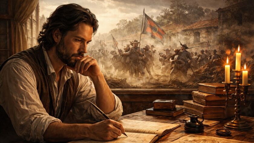 Escritor refletindo sobre ficção histórica, conflitos humanos e ética narrativa em cenário colonial brasileiro.