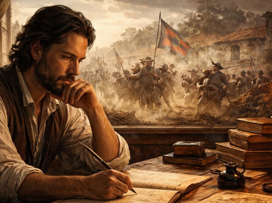 Escritor refletindo sobre ficção histórica, conflitos humanos e ética narrativa em cenário colonial brasileiro.