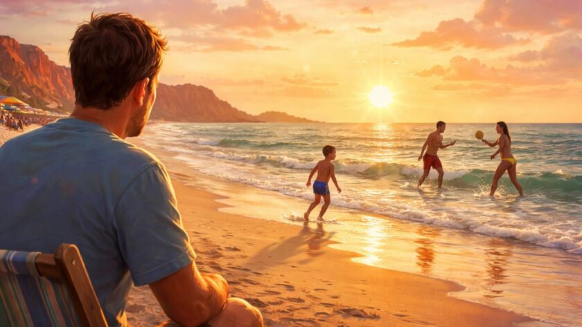 Pai observa o filho brincando no mar em uma praia do Ceará ao pôr do sol, enquanto pessoas jogam frescobol na areia.