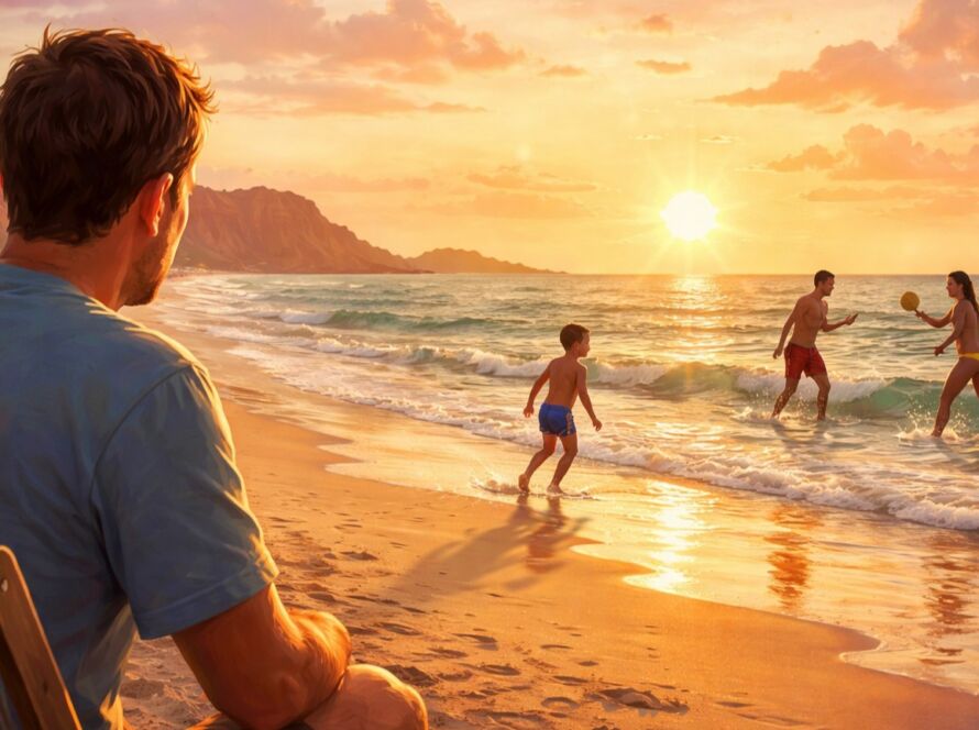 Pai observa o filho brincando no mar em uma praia do Ceará ao pôr do sol, enquanto pessoas jogam frescobol na areia.