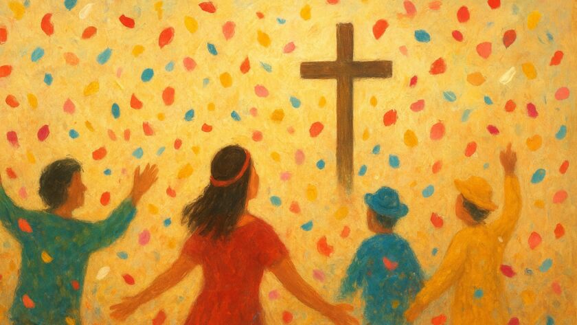 Alegria cristã no carnaval — fiéis celebram sob confetes diante de uma cruz, simbolizando fé e alegria antes da Quaresma