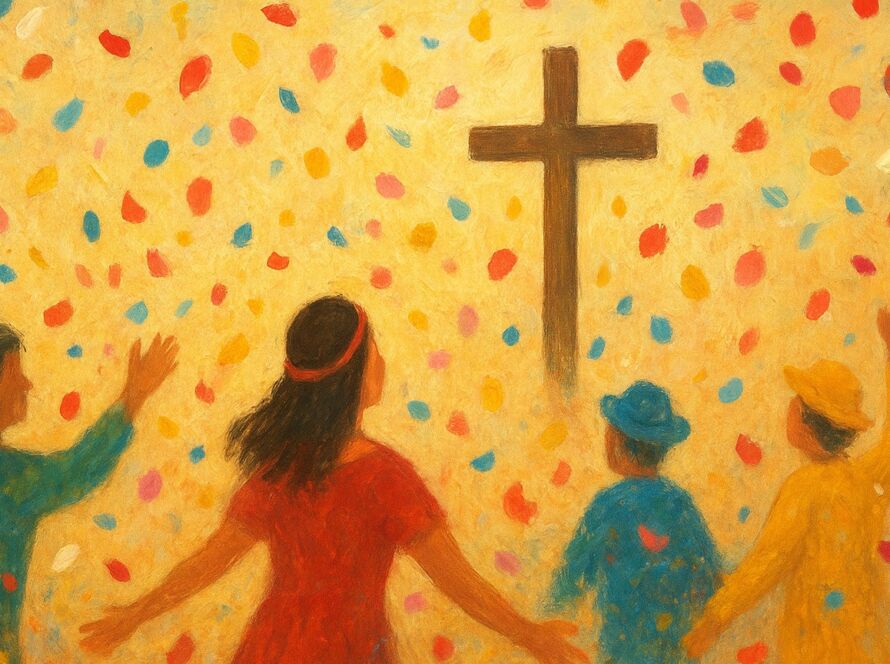 Alegria cristã no carnaval — fiéis celebram sob confetes diante de uma cruz, simbolizando fé e alegria antes da Quaresma