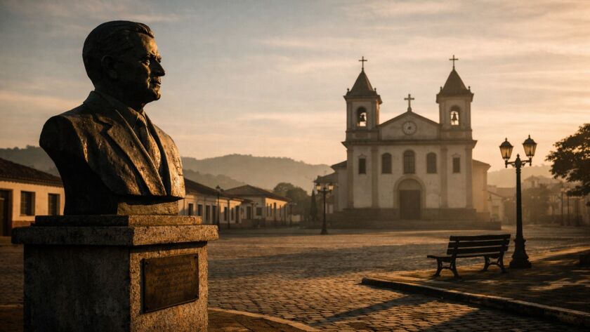 Praça de cidade pequena com busto de bronze sob a luz da manhã, simbolizando memória política e silêncio coletivo.
