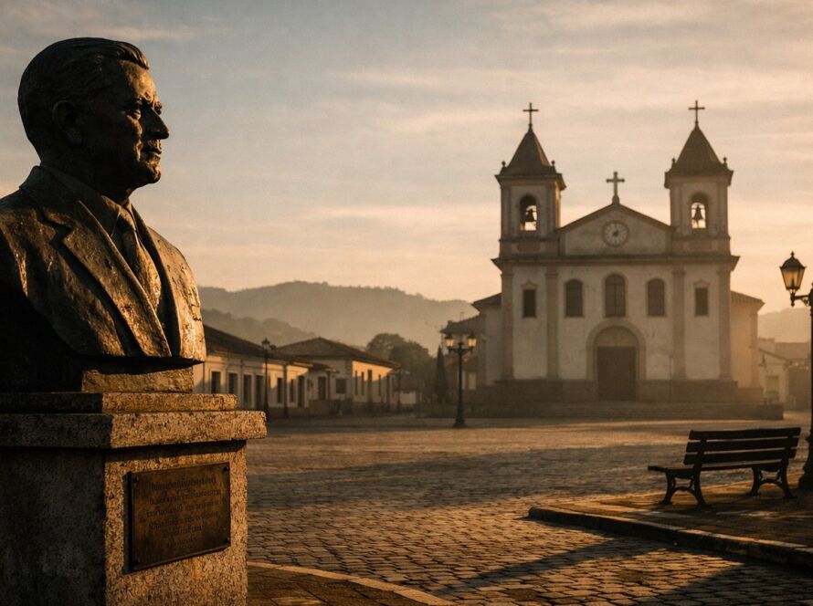Praça de cidade pequena com busto de bronze sob a luz da manhã, simbolizando memória política e silêncio coletivo.
