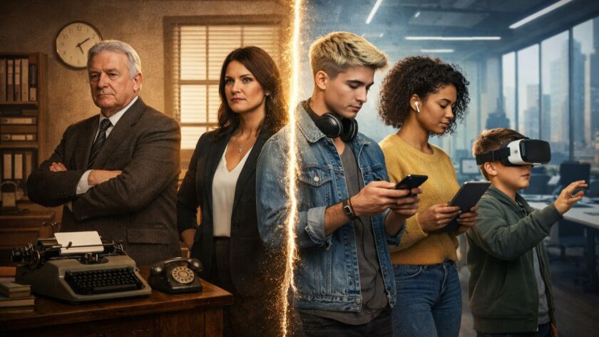 Imagem conceitual dividida ao meio mostrando cinco gerações no ambiente de trabalho: à esquerda, profissionais mais velhos em um escritório tradicional com máquina de escrever e telefone antigo; à direita, jovens utilizando smartphone, tablet e óculos de realidade virtual em um escritório moderno, simbolizando o choque geracional no mercado de trabalho.