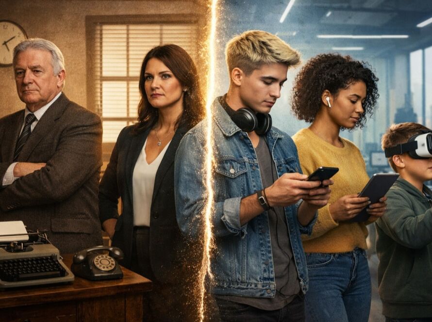 Imagem conceitual dividida ao meio mostrando cinco gerações no ambiente de trabalho: à esquerda, profissionais mais velhos em um escritório tradicional com máquina de escrever e telefone antigo; à direita, jovens utilizando smartphone, tablet e óculos de realidade virtual em um escritório moderno, simbolizando o choque geracional no mercado de trabalho.