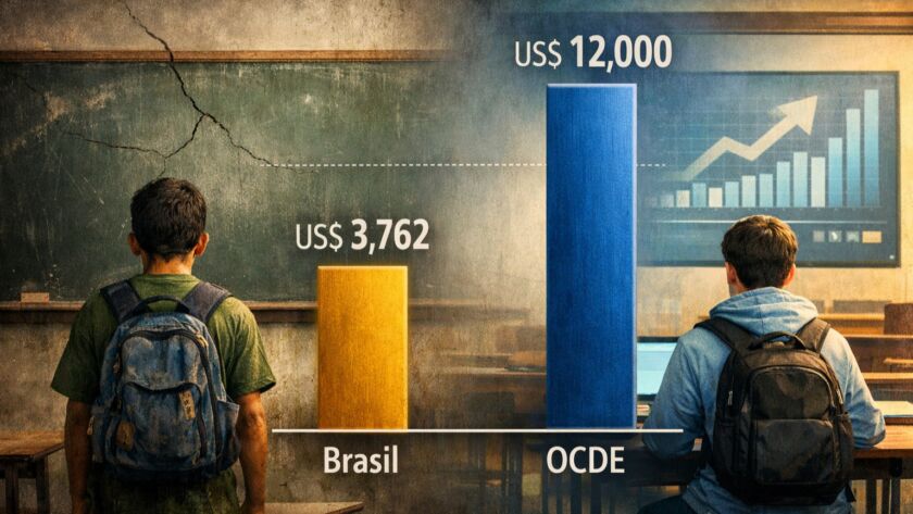 Gráfico comparando o gasto por aluno em educação no Brasil e nos países da OCDE, evidenciando a disparidade entre educação básica e ensino superior.